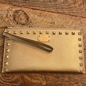 Michael Michael Kors Saffiano Studded Large Wristlet.  
Metallic Gold